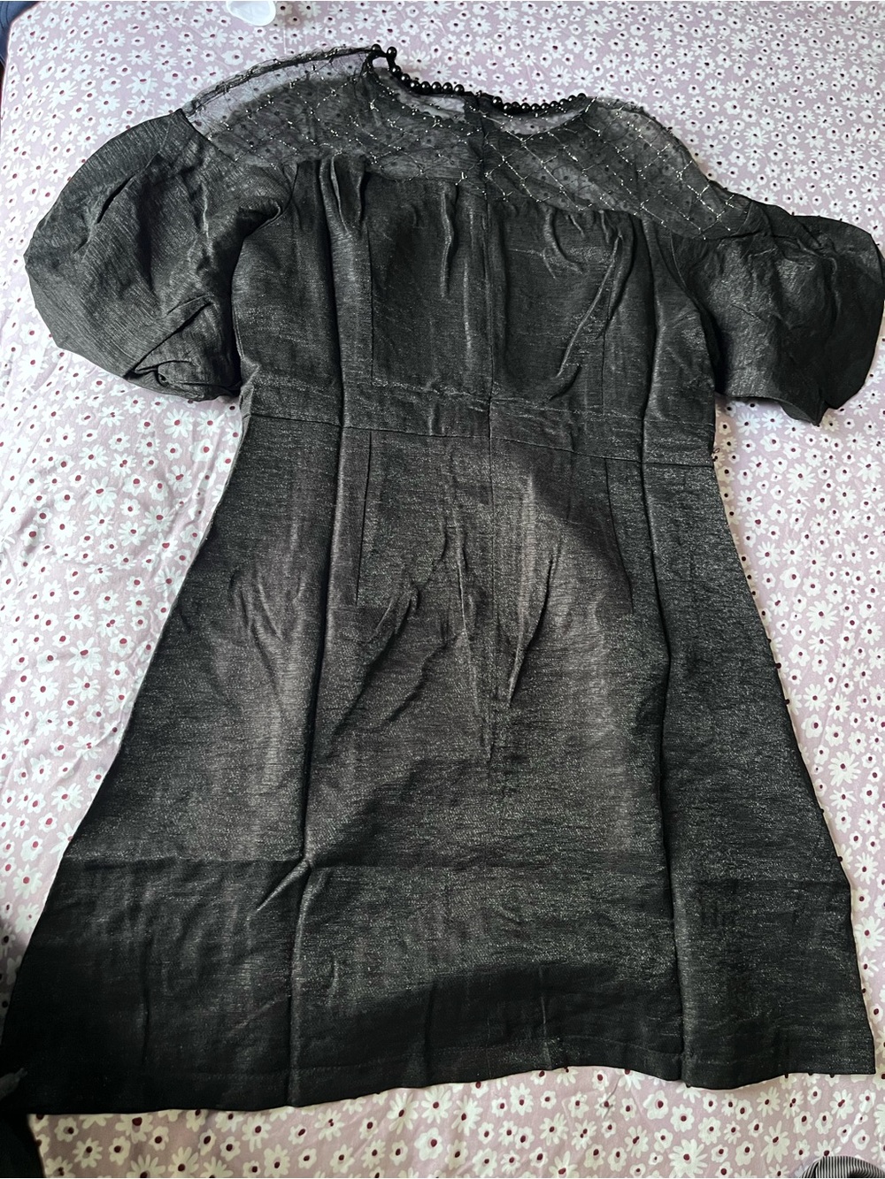 Chic Black Midi Dress with Sheer Embellished Yoke